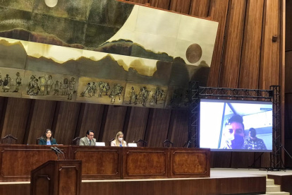 Comisión. Daniel Salcedo compareció desde la cárcel 4 de Quito. La Comisión de Fiscalización sesiona en el antiguo salón del Senado de la República.