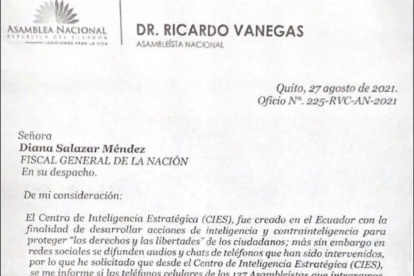 Este es el oficio firmado por Vanegas y cuya veracidad fue confirmada por la oficia del asambleísta a este Diario.