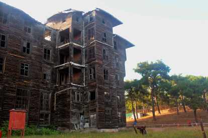 Cinco y hasta seis plantas de altura de un edificio de madera, que poco a poco se ha ido deteriorando. EFE/ Ilya U. Topper