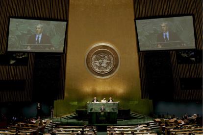 Vista del salón de la Asamblea General de la ONU vacía, este 20 de septiembre de 2021, antes del inicio de las sesiones de su edición 76, en Nueva York.