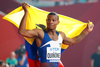 Álex Quiñónez consiguió en 2019 en el Mundial de Atletismo luego de la final masculina de los 200 metros planos en Doha, Qatar.
