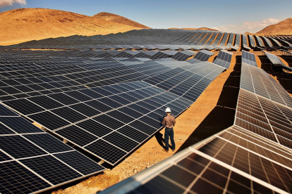 Fotografía cedida por Apple donde aparece un técnico mientras trabaja en la granja solar Turquesa en el condado de Washoe en Nevada y que entrega 50 megavatios de energía renovable al gigante tecnológico.