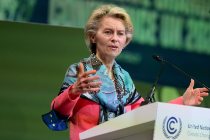 European Commission President Ursula von der Leyen speaks during the Action on Forests and Land Use session at the UN Climate Change Conference (COP26) in Glasgow, Britain.