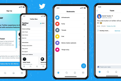 Composición de fotografía divulgadas por Twitter donde se muestran algunas de las modalidades del Twitter Blue, la versión pagada de la red social. Twitter anunció este martes el lanzamiento de su primer servicio de suscripción en el mercado estadounidense, que tiene un coste de 2,99 dólares al mes y ofrece a los usuarios pequeñas ventajas y herramientas adicionales a las de la plataforma gratuita.