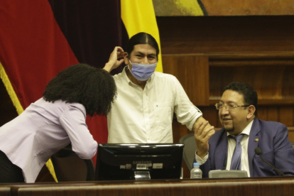Comisión. Paola Cabezas, que quiere tumbar a Lasso, conversa con Virgilio Saquicela, que lo defiende. Fernando Cabascango se rasca la cabeza.