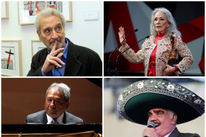 EFE
Fuente:
EFE
Autor:
Mario Guzmán
Temática:
Arte, cultura y espectáculos
Combo de cuatro fotografías de archivo que muestran al pintor mexicano de origen español Vicente Rojo (i,a), a la actriz mexicana Isela Vega (d,a), al compositor mexicano Armando Manzanero (i,abajo) y al cantante mexicano Vicente Fernández (d,abajo).