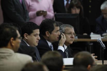El expresidente Rafael Correa, durante una audiencia por el juicio a diario El Universo en 2011