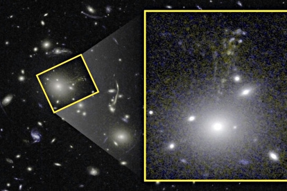 "Caballito de mar cósmico" tomada en luz visible e infrarrojo cercano. La galaxia elíptica gigante, situada en el centro de un cúmulo de galaxias, amplía y distorsiona la luz lejana procedente de la galaxia. POLITICA INVESTIGACIÓN Y TECNOLOG ag-periodistas