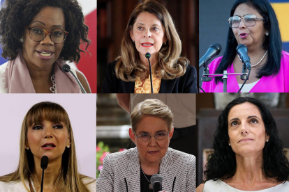 (Arriba-der. a izq.) la vicepresidente de Costa Rica, Epsy Campbell Barr, la vicepresidenta de Colombia, Marta Lucía Ramírez, la vicepresidente de Venezuela, Delcy Rodríguez y de (abajo-der. a izq.) la ministra de Justicia de Paraguay, Carla Bacigalupo, la ministra de Gobierno, Alexandra Vela y la ministra de Economía y Finanzas de Uruguay, Azucena Arbeleche.