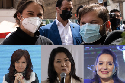 Combo de fotografías en el que se registró: arriba, a la primera dama de Chile, Irina Karamanos (i), junto al presidente electo Gabriel Boric, y, abajo de izquierda a derecha, a la vicepresidenta de Argentina, Cristina Fernández; a Keiko Fujimori y a la presidente de Honduras, Xiomara Castro.