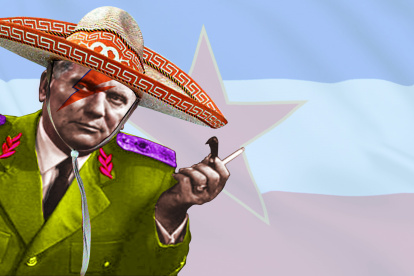 Josip Broz, Tito, en un montaje en el que luce un sombrero ranchero, en alusión a uno de los ritmos adoptados por la antigua Yugoslavia.