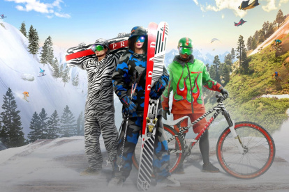 Imagen de "Riders Republic" con sus personajes vestidos por Prada.