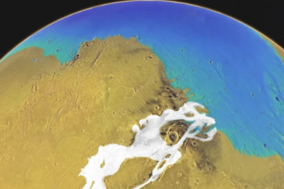 03-02-2022 Esta imagen conceptual revela cómo pudo haber sido la región de Kasei Valles en Marte hace tres mil millones de años. Las áreas blancas son glaciares y el azul representa el océano.. Un nuevo estudio financiado por la NASA y socios internacionales indica que el periodo en que Marte tuvo una atmósfera más gruesa y océanos de agua líquida pudo haber durado más de lo que pensado. POLITICA INVESTIGACIÓN Y TECNOLOG