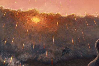 Reconstrucción artística de la ola entrando en el río Tanis, arrastrando peces y todo lo que encuentra a su paso (dinosaurios, árboles) mientras llueven del cielo esférulas de impacto.