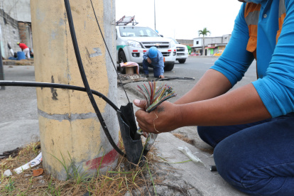 Labor. Un técnico de CNT arregla cables de líneas de teléfonos.