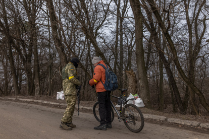 Un integrante de las Fuerzas Territoriales de Defensa comprueba la documentación de una persona en una carretera al este de Kiev.