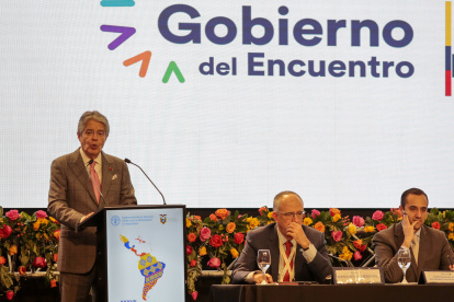 El presidente de Ecuador, Guillermo Lasso, habla durante la inauguración de la trigésimo séptima Conferencia Regional de la Organización de la ONU para la Alimentación y la Agricultura (FAO), hoy, en Quito (Ecuador).