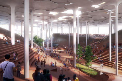 Pekín. La biblioteca alojará en su interior un enorme espacio abierto con ambientes escalonados enmarcado por una fachada de vidrio de gran altura.