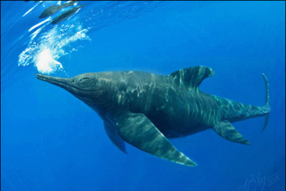 Ilustración cedida por la Universidad de Magallanes que muestra el aspecto que tendría una hembra preñada de ictiosaurio, en el glaciar Tyndall, ubicado en el parque nacional Torres del Paine en la Patagonia (Chile).