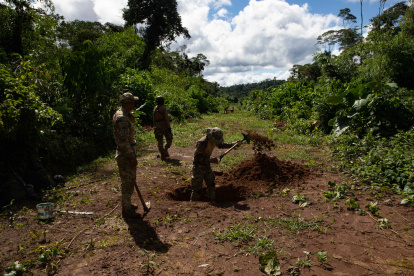 ACOMPAÑA CRÓNICA: PERÚ NARCOTRÁFICO - AME6309. VRAEM (PERÚ), 13/06/2022.- Miembros de las Fuerzas Armadas de Perú participan en un operativo para destruir una pista de aterrizaje clandestina, el 7 de junio de 2022, en las Montañas del Vraem de la amazonía del Perú.  A bordo de un helicóptero cargado con más de 300 kilos de explosivos, efectivos de las Fuerzas Armadas de Perú despegan a su habitual tarea de neutralizar pistas de aterrizaje usadas para exportar droga de la mayor cuenca cocalera del país, donde el narcotráfico convive en alianza con el terrorismo.Con este operativo, ya son ocho las pistas de aterrizaje inhabilitadas en la última semana en el Vraem de las quince que tienen localizadas las autoridades en esta zona, de donde sale la mayor parte de la cocaína del Perú, considerado como el segundo productor mundial de esta sustancia. EFE/ Sebastián Montalvo Gray