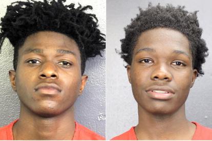 Combo de dos fotografías cedidas por la Oficina del Alguacil de Broward donde aparecen los hermanos Jaquan (i) y Bryce (d) McFadden, ambos de 16 años, que podrían enfrentar hasta una cadena perpetua después de ser detenidos y acusados de robo a mano armada de una PlayStation 5.