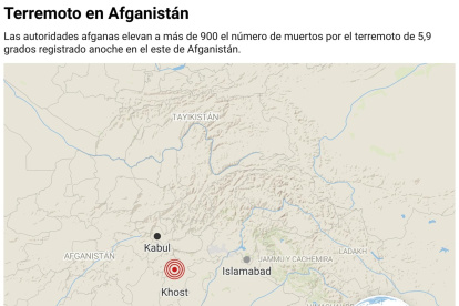 Imagen que muestra la localización del terremoto de 5.9 grados de magnitud registrado en Afganistán