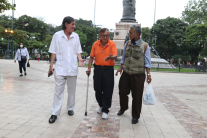 Algunos adultos mayores se reúnen en el Parque Centenario