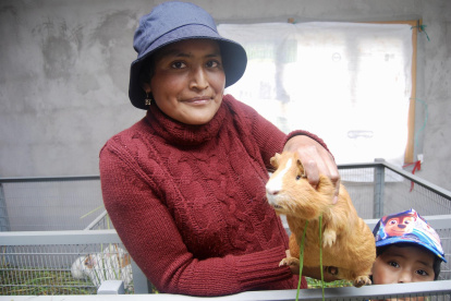 Ana Gabriela Guaján posa con un cuy en un criadero que ha construido como beneficiaria del programa de retorno productivo voluntario, el 10 de junio de 2022 en Cayambe (Ecuador).
