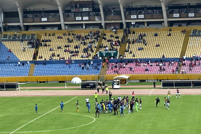 Un grupo de hinchas de Deportivo Quito bajó de la preferencia hacia la cancha.
