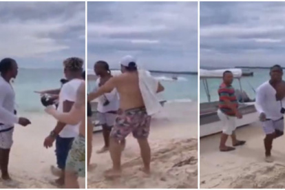 1. El hombre se exalta por los reclamos de los turistas. 2. El vendedor agrede a los visitantes. Los empuja y golpea. 3. Nota que lo están grabando, se acerca y tira la cámara.