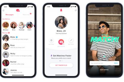 Fotografía sin fecha cedida por la aplicación de citas Tinder donde se aprecia tres capturas de su lista de "matches" (conexiones) entre parejas.