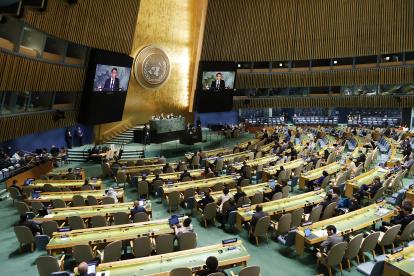 El presidente de Francia, Emmanuel Macron interviene en la apertura de la Asamblea General de la ONU. EFE/EPA/JUSTIN LANE