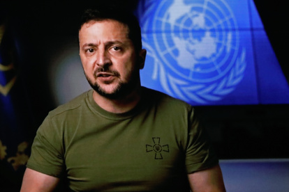 Volodímir Zelenski, presidente de Ucrania, dice que ellos jamás se rendirán. EFE/ /Peter Foley