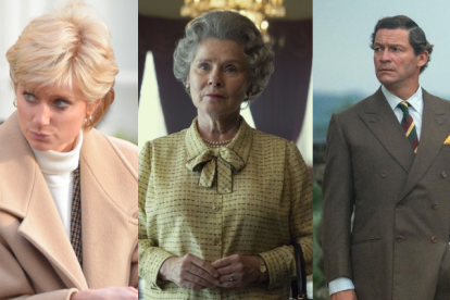 Elizabeth Debicki, Imelda Staunton y Dominic West, durante el rodaje de la serie.