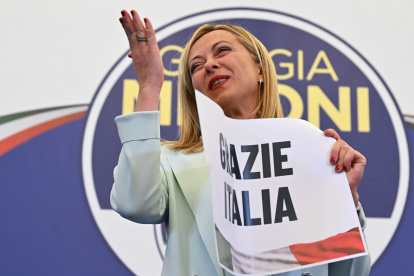 Giorgia Meloni at the headquarters of the Brothers of Italy (Fratelli d"Italia) in Rome, Italy, 25 September 2022. Italy held a general snap election on 25 September following its prime minister"s resignation in July. Final results are expected to be announced on 26 September. (Elecciones, Italia, Roma) EFE/EPA/ETTORE FERRARI