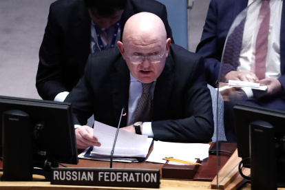 El embajador ruso ante la ONU, Vasili Nebenzia, habla ante el Consejo de Seguridad de Naciones Unidas, este 5 de abril de 2022, en Nueva York.