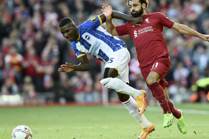 Moisés Caicedo figura del Brigthon de Inglaterra, enfrentando a Mohamed Salah