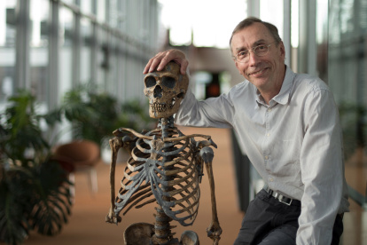 el biólogo sueco Svane Pääbo, en una foto sin fecha en el Instituto Max Planck, de Alemania, con una réplica de un esqueleto neanderthal.
