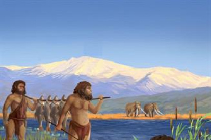 Ilustración de homínidos explotando y cocinando Luciobarbus longiceps en las orillas del paleo lago Hula.