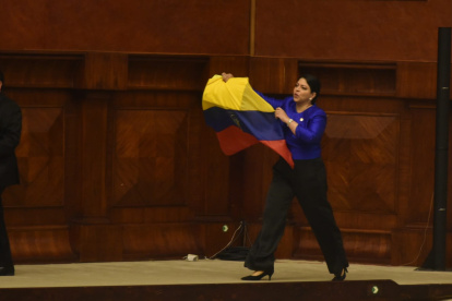 Ibeth Estupiñán llegó portando una bandera de Ecuador al pleno de la Asamblea Nacional.