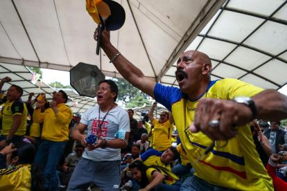 Ecuatorianos celebran una anotación de Ecuador contra Países Bajos, durante un partido del grupo A del mundial Qatar 2002, hoy en Quito (Ecuador).