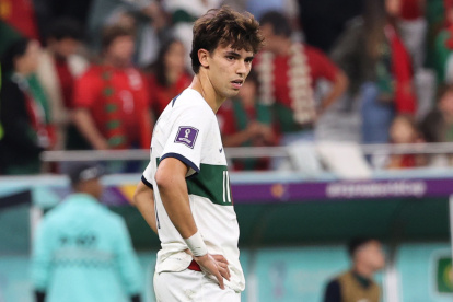Joao Felix of Portugal reacts after the FIFA World Cup 2022 quarter final soccer match between Morocco and Portugal at Al Thumama Stadium in Doha, Qatar, 10 December 2022. (Mundial de Fútbol, Marruecos, Catar) EFE/EPA/Ali Haider