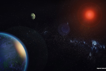 Fotografía facilitada por la Universidad Complutense de Madrid (Alejandro Suárez Mascareño e Inés Bonet Márquez) de la recreación artística de la estrella GJ 1002 y sus dos exoplanetas.