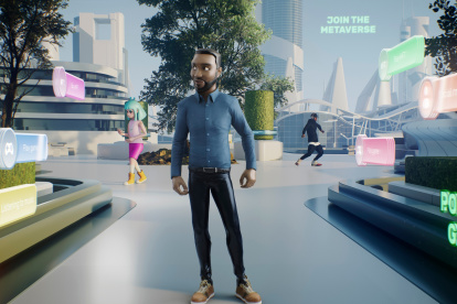 Illustration of Avatar of person in the virtual city of metaverse, with the selection menu and other people around him, he takes off his vr head set and appears in the real room and looks at the