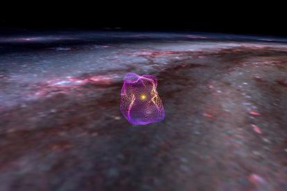 Imagen de la Burbuja Local. Las líneas vectoriales cortas de color rosa y morado en la superficie de la burbuja representan la orientación del campo magnético descubierto.