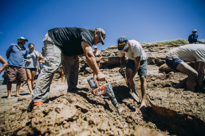 AME1489. CHAPADMALAL (ARGENTINA), 04/02/2023.- Fotografía cedida hoy por el Museo Municipal de Ciencias Naturales Lorenzo Scaglia que muestra a varios de sus expertos mientras desentierran los restos de dos gliptodontes, en una playa en la localidad de Chapadmalal, provincia de Buenos Aires (Argentina). Restos de dos gliptodontes, uno pequeño y otro gigantesco, que datan de entre 3 y 2,5 millones de años fueron hallados en la costa de la provincia de Buenos Aires, según confirmaron este viernes a EFE portavoces de la Municipalidad de General Pueyrredón. EFE/Museo Municipal de Ciencias Naturales Lorenzo Scaglia /Gabriel Bulacio /SOLO USO EDITORIAL /SOLO DISPONIBLE PARA ILUSTRAR LA NOTICIA QUE ACOMPAÑA (CRÉDITO OBLIGATORIO)