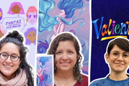 Monse Navas, Luisa Carrasco y Daniela Santibáñez junto a sus diseños.