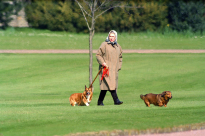 La Reina Isabel II que pasea a sus perros en el Castillo de Windsor, tomada el 2 de abril de 1994.