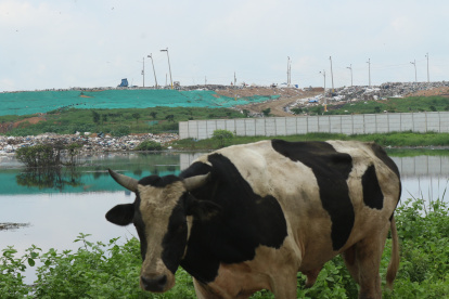 Basural. Una masa de residuos se extiende junto al relleno sanitario de Durán, cerca de la vía Durán-Tambo.