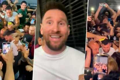 Leo Messi tratando de salir del famoso restaurante "Don Julio" en medio de la multitud.